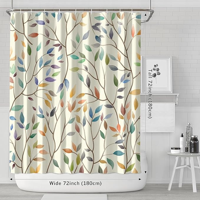 Boho Floral Shower Curtain, Fall Colorful Botanical Flower Leaves Bohemian Yellow Fabric Shower Curtain Set with 12 Hooks, Bathroom Bathtub Accessories Decor Cloth Curtain 72x72 Inches