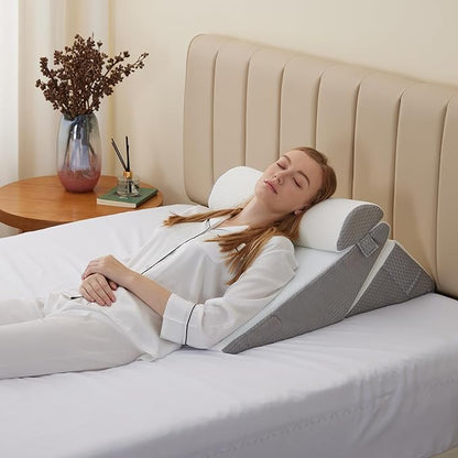 3Pcs Orthopedic Bed Wedge Pillow Set, Foam Wedge Pillow Post Surgery for Back, Leg and Knee Support, Adjustable 9&12 Inch Folding Triangle Pillow for Sleeping, Acid Reflux, Snoring, White/Grey