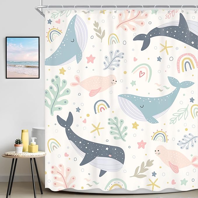Kids Shower Curtain Ocean Cute Whale Rainbow Girls Cartoon Funny Sea Animal Underwater 60Wx72L Inch Shower Curtain Bathroom Set Colorful Lovely Bath Curtain Bathtub Accessories Home Decor