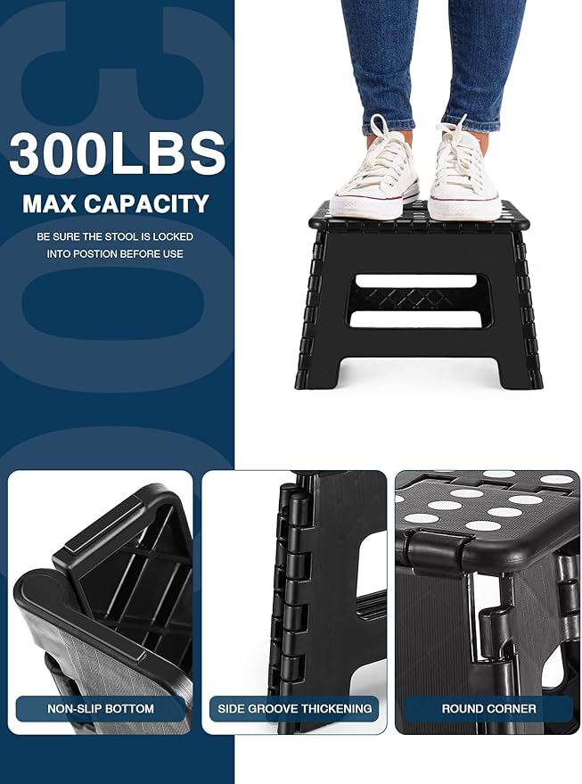 Folding Step Stool 9", Kids Step Stool, Heavy Duty Step Stools for Adults, Compact Foot Stools, Light-Weight Toddler Step Stool for Kitchen, Bathroom, Holds Up to 300 lbs (Black)