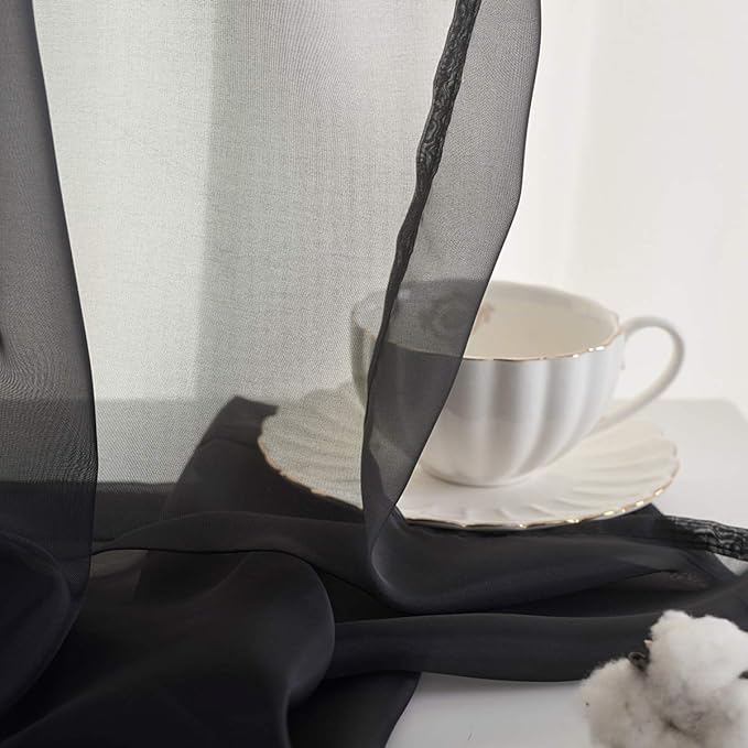 Black Sheer Curtains 95 Inches long 2 Panels Rod Pocket Ture Black Curtain for Bedroom Living Room 52x95 Inch Length