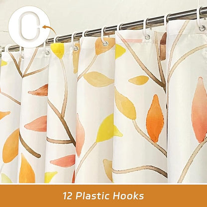 Boho Fall Shower Curtain, Autumn Colorful Botanical Flower Leaves Bohemian Yellow Fabric Shower Curtain Set with 12 Hooks, Bathroom Accessories Decor Cloth Curtain 72x72 Inches
