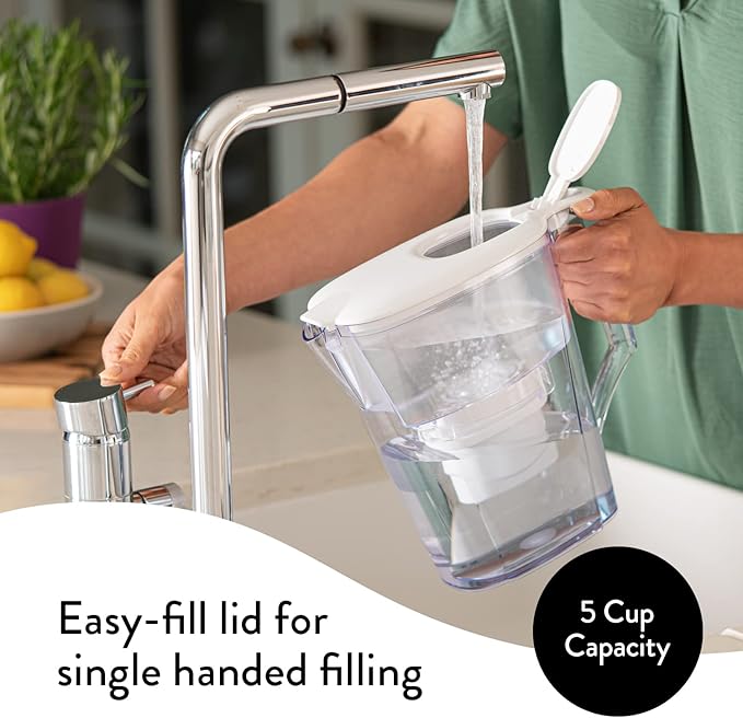 Aqua Optima 5-Cup Water Filter Pitcher Bundle Pack for Tap and Drinking Water with 3 Evolve+ Filter, Reduces Microplastics, Improves Taste, BPA Free, WQA Certified, Liscia Design (White)