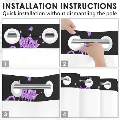 King and Queen No Hook Shower Curtain with Snap in Liner, Black and Purple Glitter Bath Curtain with Double Layers Waterproof Fabric and Mesh Top Window 71x74 Inch