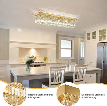 Siljoy 8-Lights Rectangular Flush Mount Ceiling Light Gold Rectangle Modern Crystal Chandelier Farmhouse Close to Ceiling Raindrop Pendant Light Fixture for Dining Living Room Kitchen Island L40''