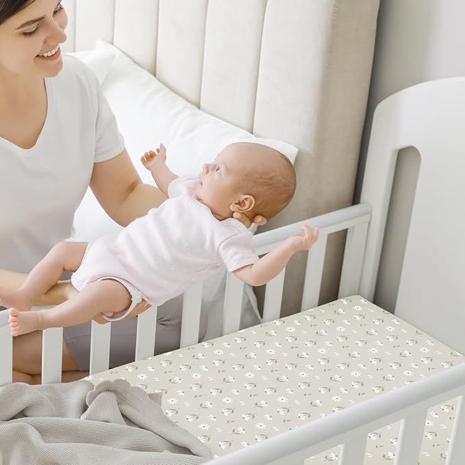 Pack and Play Sheets Fitted, 2-Pack Mini Crib Sheets - Pack N Play Sheets, Organic Fitted Crib Sheet for Pack and Play Mattress, Playard Baby Crib Sheets, Crib Sheets Neutral for Boys (Daisies)