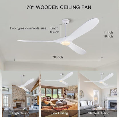 BOJUE Ceiling Fans with Lights 72 inch Indoor Outdoor Ceiling Fan,Wood Ceiling Fan with Remote Control & 3 Wood Blade for Patio Living Room Bedroom (White Blades)