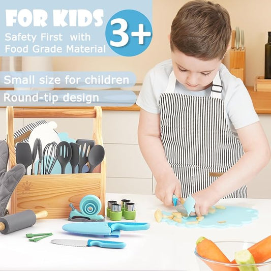 Kids Cooking and Baking Sets Real 23PCS, Toddler Chef Knife Set with Cutting Board and Peeler, BPA-free, Food Grade Child Safe Kitchen Tool for Meal Prep (Blue)
