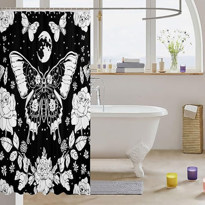 Feelyou Moon Butterfly Shower Curtain Bohemian Moth Fabric Curtain Kids Boys Girls Galaxy Floral Botanical Bathroom Waterproof Accessories with 12 Hooks Boho Exotic Style Black Curtains,72x72 Inches