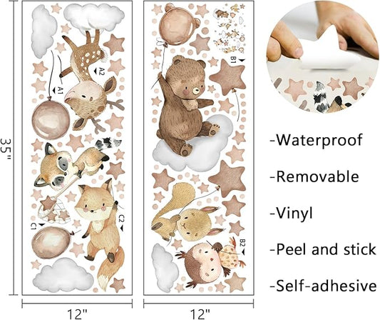 Mfault Jungle Baby Animals Wall Decals Stickers, Woodland Bear Deer Owl Fox Squirrel Raccoon Nursery Decorations Boys Girls Bedroom Art, Cloud Stars Balloon Neutral Toddlers Kids Room Playroom Decor