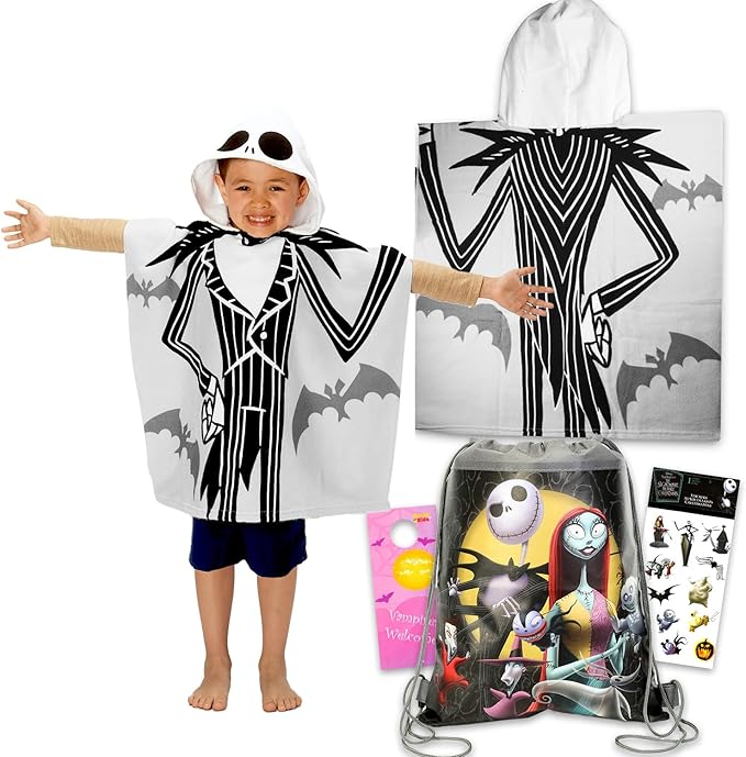 The Nightmare Before Christmas Nightmare Before Christmas Hooded Towel Travel Set for Kids - Bundle Bath Towel Poncho Plus Travel Bag, Stickers, More | Nightmare Before Christmas Bathroom Set