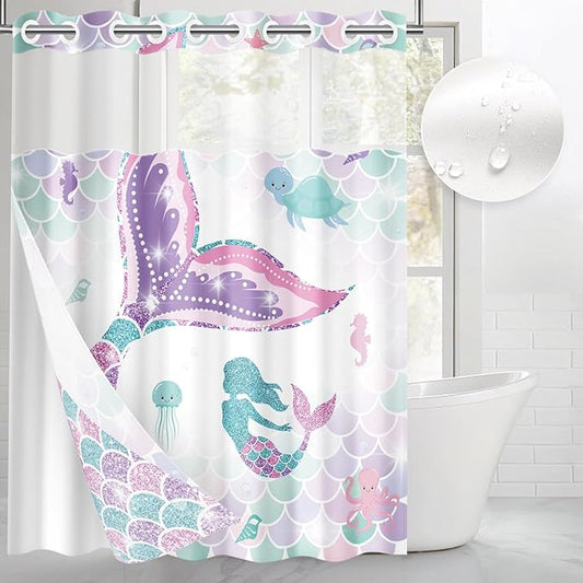 Pink Mermaid Tail Glitter No Hook Shower Curtain with Snap in Liner, Coral Starfish Turtle Bath Curtain with Double Layers Waterproof Fabric and Mesh Top Window 71x74 Inch