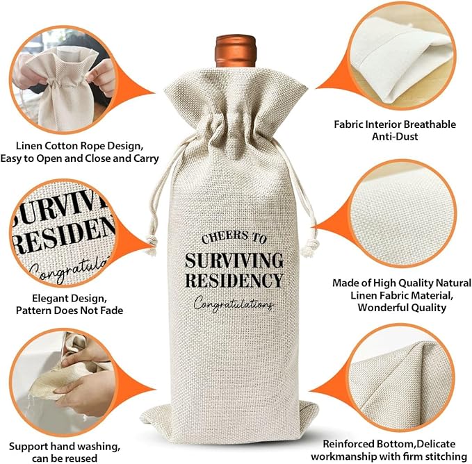 Surviving Residency Gifts Wine Bag For Students Friend Doctor Nurse Practitioner, Med School Farewell Graduation Party Decoration, Reusable Burlap Wine Bag, Cheers To Surviving Residency