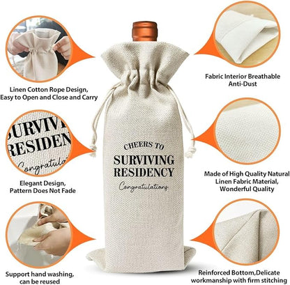 Surviving Residency Gifts Wine Bag For Students Friend Doctor Nurse Practitioner, Med School Farewell Graduation Party Decoration, Reusable Burlap Wine Bag, Cheers To Surviving Residency