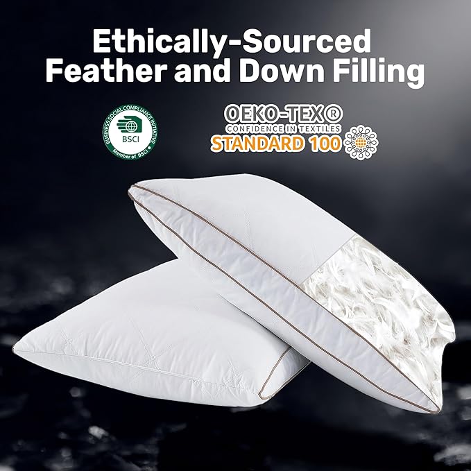 UNIKOME Goose Feather and Down Pillows,Oval Gusseted Feather Down Pillow for Sleeping, 100% Cotton Pillow Cover, Queen Size, Set of 2