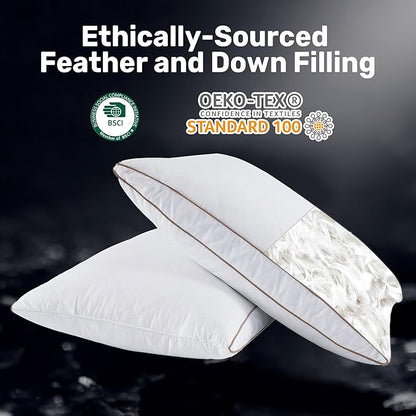 UNIKOME Goose Feather and Down Pillows,Oval Gusseted Feather Down Pillow for Sleeping, 100% Cotton Pillow Cover, Queen Size, Set of 2