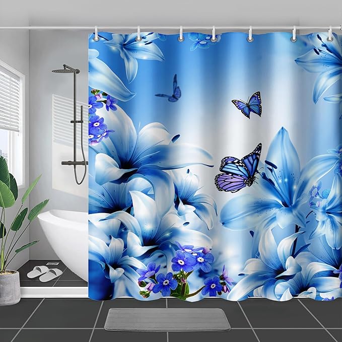 AILONEN Girls Butterfly Shower Curtain for Bathroom,Modern Botanical Floral Tulip Lily Flower Blue Butterfly Decor Bath Curtain 72" W*78" H Polyester Fabric Waterproof Bathroom Curtain with 12 Hooks
