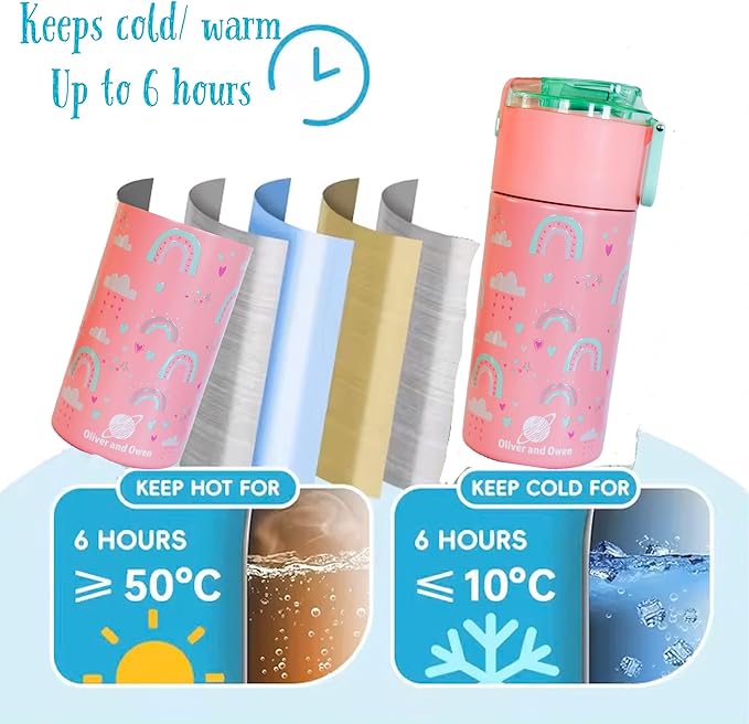Kids insulated water bottle with straw and snack cup. Double wall stainless steel 14oz (blue and black astronaut)