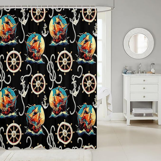 Feelyou Pirate Ship Shower Curtain Ocean Sailing Themed Fabric Shower Curtain for Kids Boys Girls Anchor and Rudder Bathroom Waterproof Accessories with 12 Hooks Black Curtains,72X84 Inches