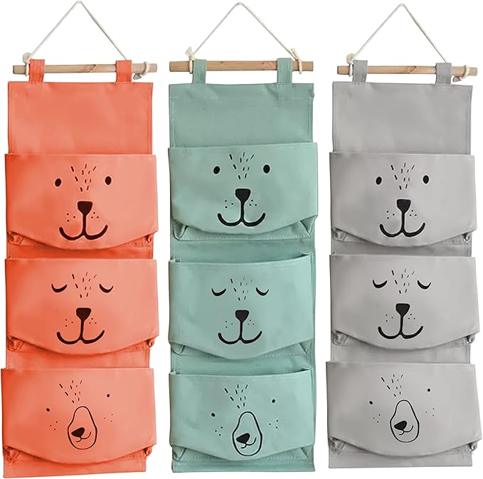 Large Wall Hanging Organizer with 3 Storage Pockets-Space saver for Playroom, Bedroom, Baby Nursery, Bedside, Closet. Cute animal print cubby caddy. Waterproof, Travel Friendly