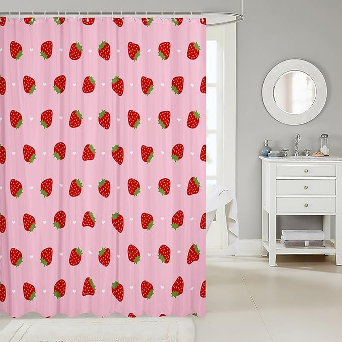 Feelyou Girls Strawberry Fabric Shower Curtain Kawaii Strawberry Shower Curtain Kids Boys Girls Pink Cartoon Fruit Food Theme Bathroom Waterproof Accessories with 12 Hooks Kawaii Curtains,72x84 Inches