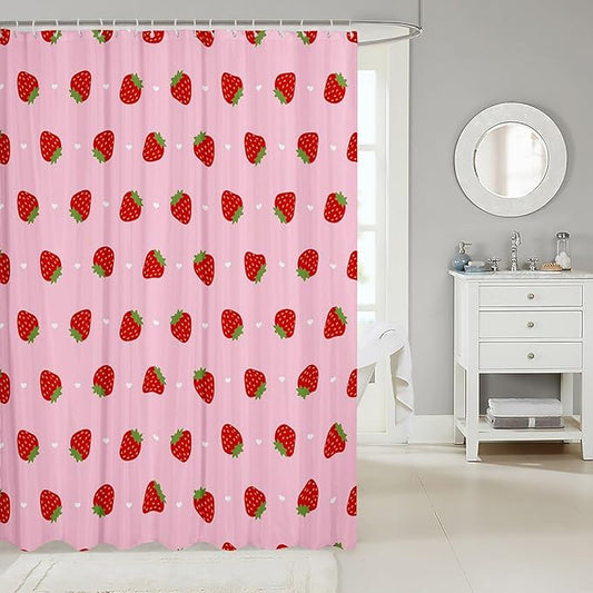 Feelyou Girls Strawberry Fabric Shower Curtain Kawaii Strawberry Shower Curtain Kids Boys Girls Pink Cartoon Fruit Food Theme Bathroom Waterproof Accessories with 12 Hooks Kawaii Curtains,72x84 Inches