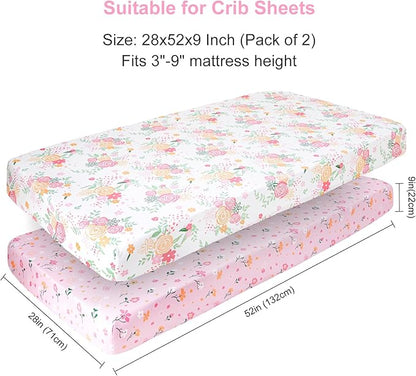 PHF Soft Crib Sheet Fitted, 2 Pack Baby Sheets for Boys Girls, 28x52x9in Fits Standard Crib and Toddler Mattresses, Silky Comfy Breathable Polyester Baby Mattress Sheets, Rose Floral