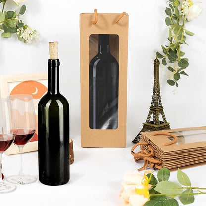 Cyblinia 20 Pack Wine Gift Bags with Window 4.9 x 3.6 x 14.2 Inch Paper Wine Bags Wine Carrier Bags Shopping Bags with Handle for Wine Bottle and Gifts，Wedding, Birthday, Christmas