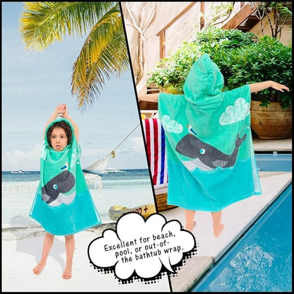 Toddler Hooded Beach Towel Coverup Cape Kids 100% Cotton Soft Quick Dry Absorbent Use for Swim Pool Bath Poncho Towels for 3 to 8 Years Old Children Size 24"x 55" in Full-Length (Whale Pattern)