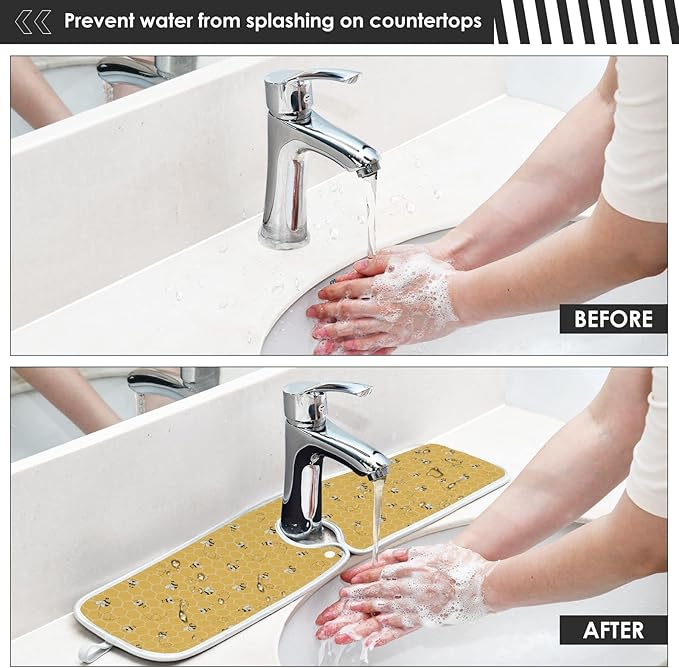 Funny Bees Honey Faucet Water Catcher Mat 2 Pack Yellow Bumblebee Beehive Drying Mat Absorbent Bathroom Faucet Handle Drip Catcher Tray Bar RV Kitchen Sink Splash Guard 30x5 Inches