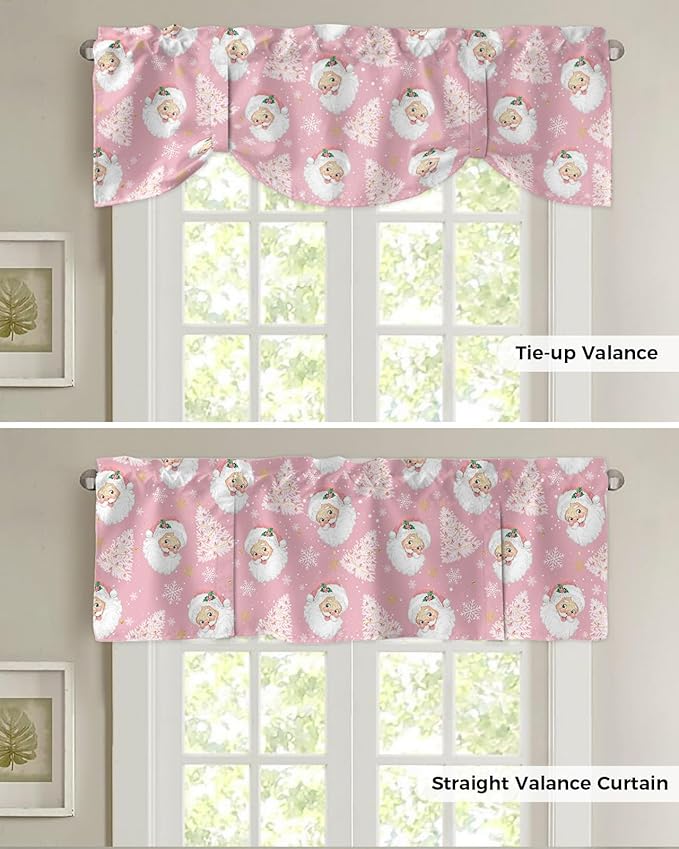 Pink Christmas Blackout Tie Up Valance Curtains for Kitchen Windows Santa Claus Merry Christmas Tree Window Toppers Balloon Shades for Living Room/Bathroom/Bedroom,1 Panel, 54" X 18", Winter Snowflake