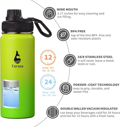 Farsea Insulated Water Bottle With Paracord Handle, Protective Silicone Boot and 2 Lids (Straw Lid & Spout Lid), Stainless Steel Water Bottle Wide Mouth, Double Wall Sweat-Proof BPA-Free, 18 oz