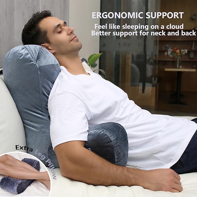 Reading Pillow 31”Wx21”H Back Pillow for Bed Sitting Up, Bed Pillow with Shredded Memory Foam with Arm Backrest, Back Support Pillow with Leg Pillow and Pocket for Reading/Gaming/Relaxing
