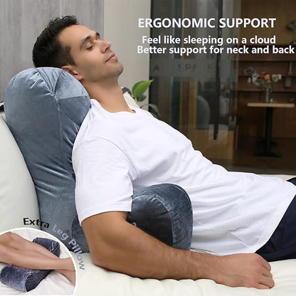 Reading Pillow 31”Wx21”H Back Pillow for Bed Sitting Up, Bed Pillow with Shredded Memory Foam with Arm Backrest, Back Support Pillow with Leg Pillow and Pocket for Reading/Gaming/Relaxing