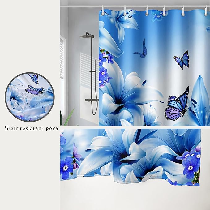 AILONEN Girls Butterfly Shower Curtain for Bathroom,Modern Botanical Floral Tulip Lily Flower Blue Butterfly Decor Bath Curtain 72" W*78" H Polyester Fabric Waterproof Bathroom Curtain with 12 Hooks