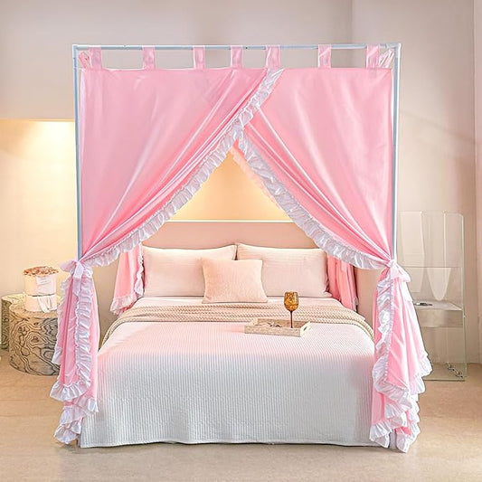 AIKASY Peach Pink Canopy Bed Curtains with Top Ties and Tie Backs for Bedroom Decoration - Queen Size Bed Curtains with Windproof and Lightproof Features