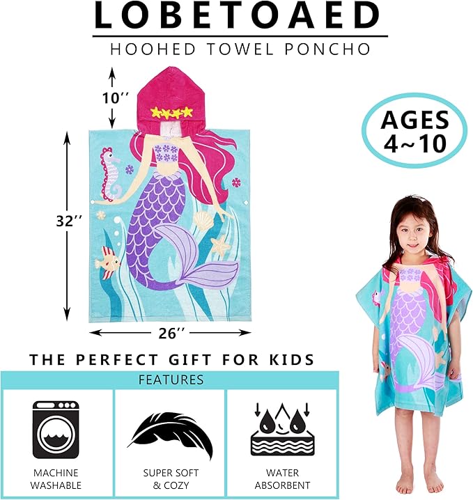 Kids Hooded Beach Bath Towel, Baby Surf Poncho Toddlers Soft Real Cotton Wrap Hooded Towels for Kids Boy Girl