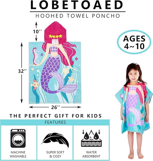 Kids Hooded Beach Bath Towel, Baby Surf Poncho Toddlers Soft Real Cotton Wrap Hooded Towels for Kids Boy Girl