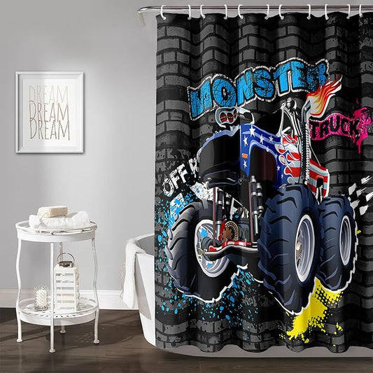 AILONEN Monster Truck Shower Curtain, Black Retro 3D Printed Truck Bath Curtain for Boys,Red Blue Truck Car Bathroom Decor Waterproof Fabric 36" W*72" H Inch with 12 Plastic Hooks