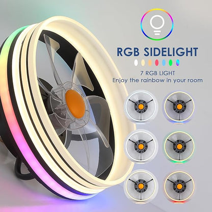 Flush Mount Ceiling Fan with RGB Light - 13“ Small Bladeless Ceiling Fan Light with Reversible Mute Motor, RGB LED Dimmable, Low Profile Enclosed Ceiling Fans for Indoor, Kids Room, Party