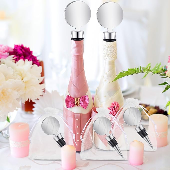 36 Sets Wine Stopper for Wine Bottles Wedding Wine Stopper Champagne Bottle Stoppers Beverage Bottle Stoppers with White Sheer Organza Bags Wedding Party Favor for Guests (Silver)