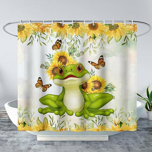 AILONEN Cartoon Frog Shower Curtain Yellow Sunflower Shower Curtain 60" W*72" H,Wildlife Frog Modern Botanical Floral 3D Printed Animal Bathroom Decor Shower Curtain with 12 Hooks