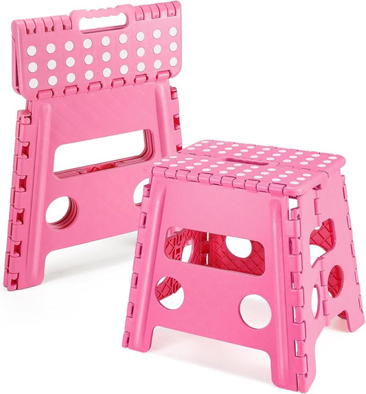 Non-Slip Folding Step Stool - 13 inch Height Heavy Duty Foldable Stool for Adults Kids, Plastic Step Stool Camping Stepping Stool - Pink