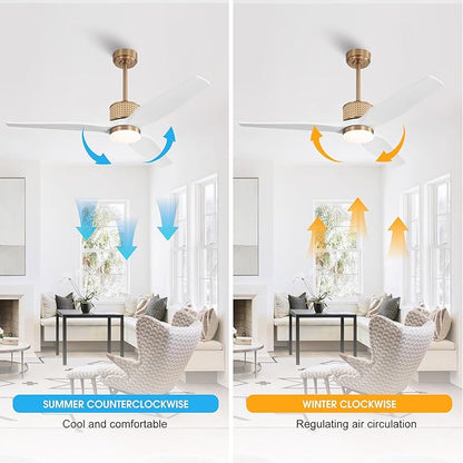 52" Ceiling Fan with Light and Remote, 3 Solid Wood Blades, Noiseless Reversible DC Motor Ceiling Fan with 4.5"/12" Downrods for Bedroom/Living Room/Porch (Gold/White)