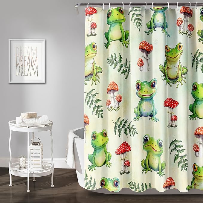 AILONEN Cute Frog Shower Curtain for Bathroom, Mushroom and Frog Bath Curtain,Amphibians Fungus Printed Waterproof Curtain with 12 Plastic Hooks,Green 48" W*72" H