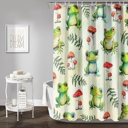AILONEN Cute Frog Shower Curtain for Bathroom, Mushroom and Frog Bath Curtain,Amphibians Fungus Printed Waterproof Curtain with 12 Plastic Hooks,Green 48" W*72" H