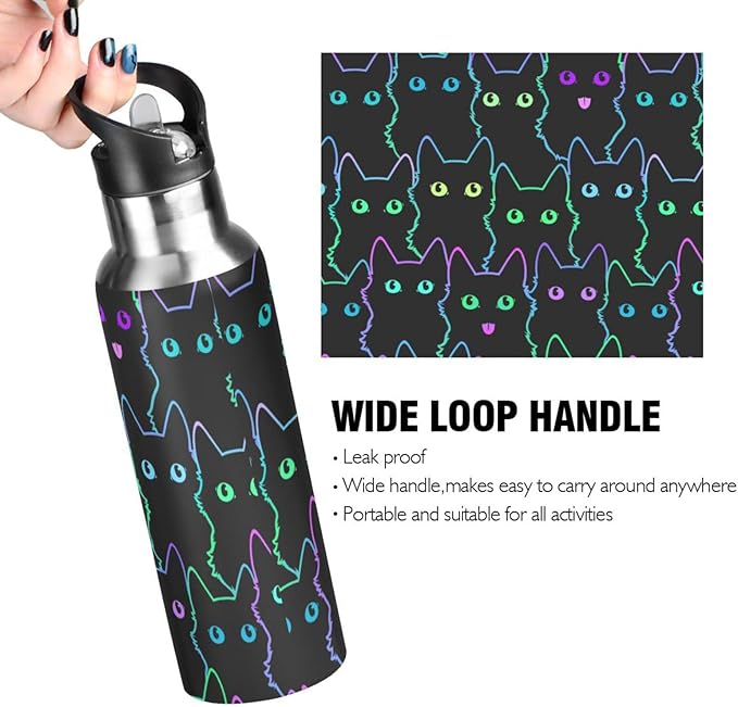 senya 20 Oz Water Bottle with Straw Colorful Neon Cat Stainless Steel Water Bottle for Traveling Sports Leakproof Insulated Water Bottle