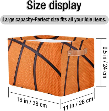 Basketball Print Storage Basket Collapsible Rectangular Storage Bin Large Fabric Storage Boxes Organizer 1Pc with Leather Handles for Clothes Toys Books Kitchen Laundry