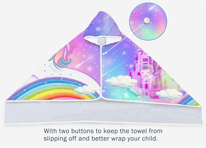 Unicorn Hooded Beach Towel for Kids, Cute Rainbow Bath Towel with Hood for Girls, Pink Magic Castle Microfiber Super Absorbent Soft Poncho Bathrobe for Swin Pool 30”x50”