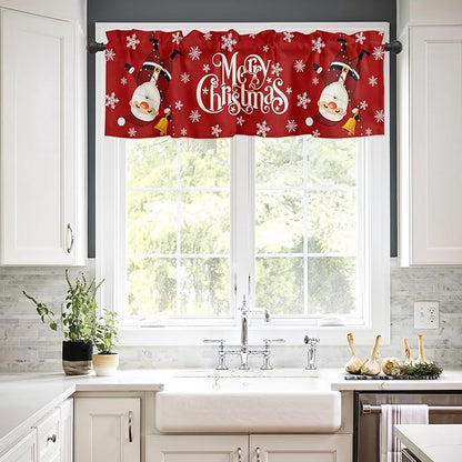 Red Merry Christmas Valance Curtains for Kitchen Windows Funny Hanging Santa Rod Pocket Window Treatment Toppers for Kitchen/Living Room/Bedroom/Bathroom, 42" X 18", Snow Winter Holiday